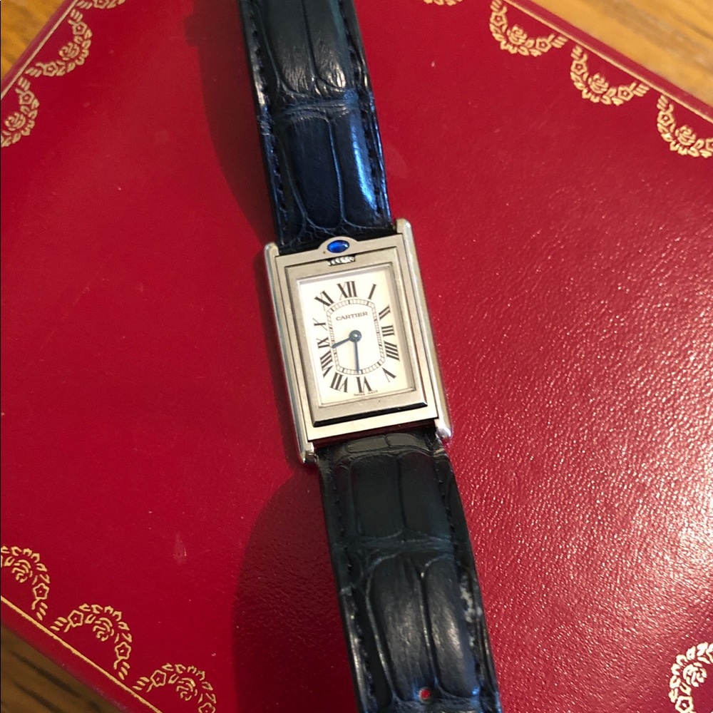 Cartier Silver Watch with Dark Blue Strap